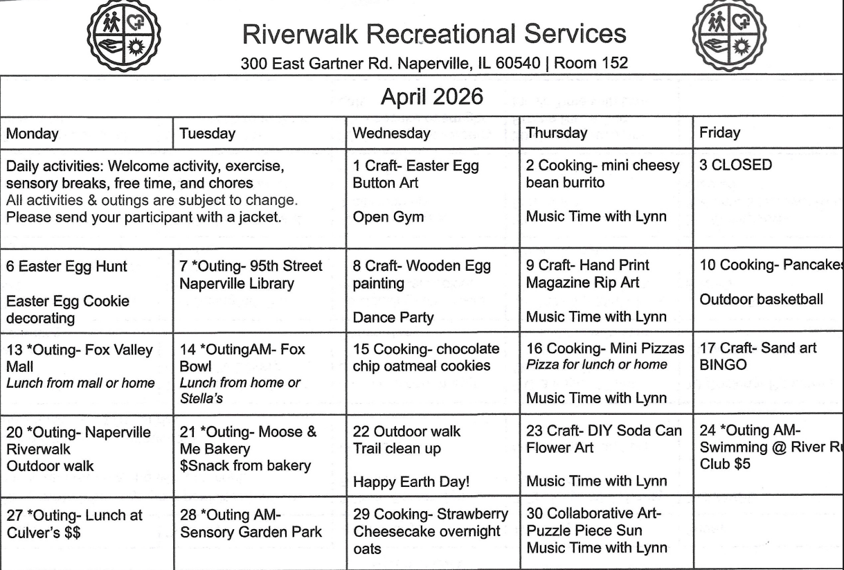 April 2026 activity calendar for Riverwalk Recreational Services showing daily events such as Easter egg hunts, cooking classes, outings, crafts, and music programs, organized by day and date in a table format.