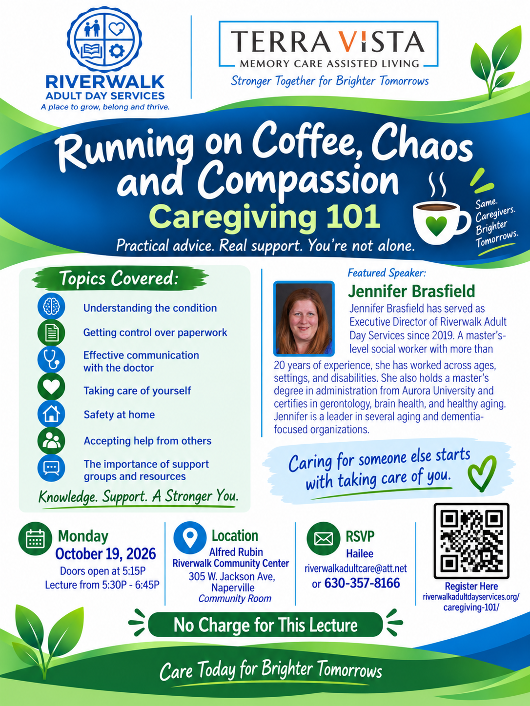 Flyer for a caregiver lecture featuring details about the event, speaker Jennifer Brasfield, topics covered, RSVP info, Monday, October 19, 2026, colorful graphics, and supportive messages for caregivers.